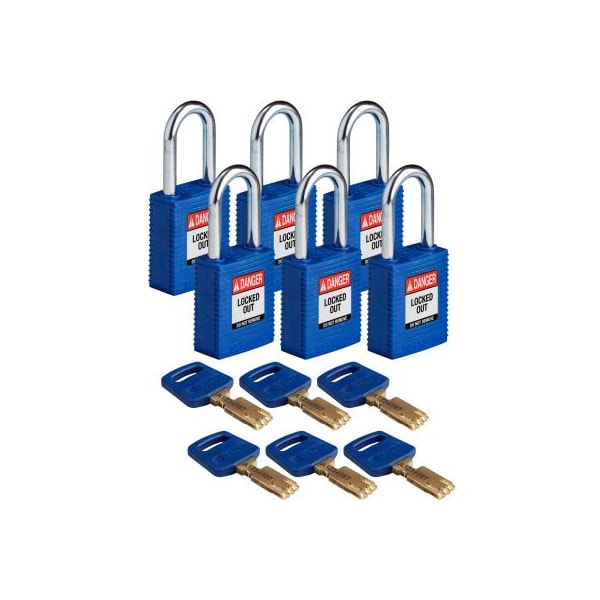 Brady NYL-BLU-38ST-KA6PK Brady SafeKey Lockout Padlock Nylon 1.5" Steel Shackle Keyed Alike NYL-BLU-38ST-KA6PK - main